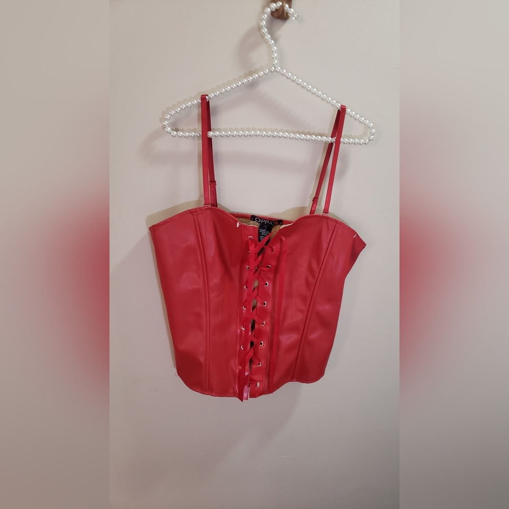 SOLD! OPPA Red Faux Leather Corset – Size 1X – NWT